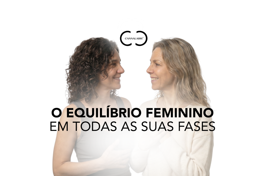 Duas mulheres felizes olham uma para a outra, texto: O equilíbrio feminino em todas as suas fases