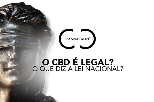 Banner do artigo "O CBD é legal? O que diz a lei nacional?" com o logótipo da Cannalabis e a estátua da Dama da Justiça sobre fundo branco.