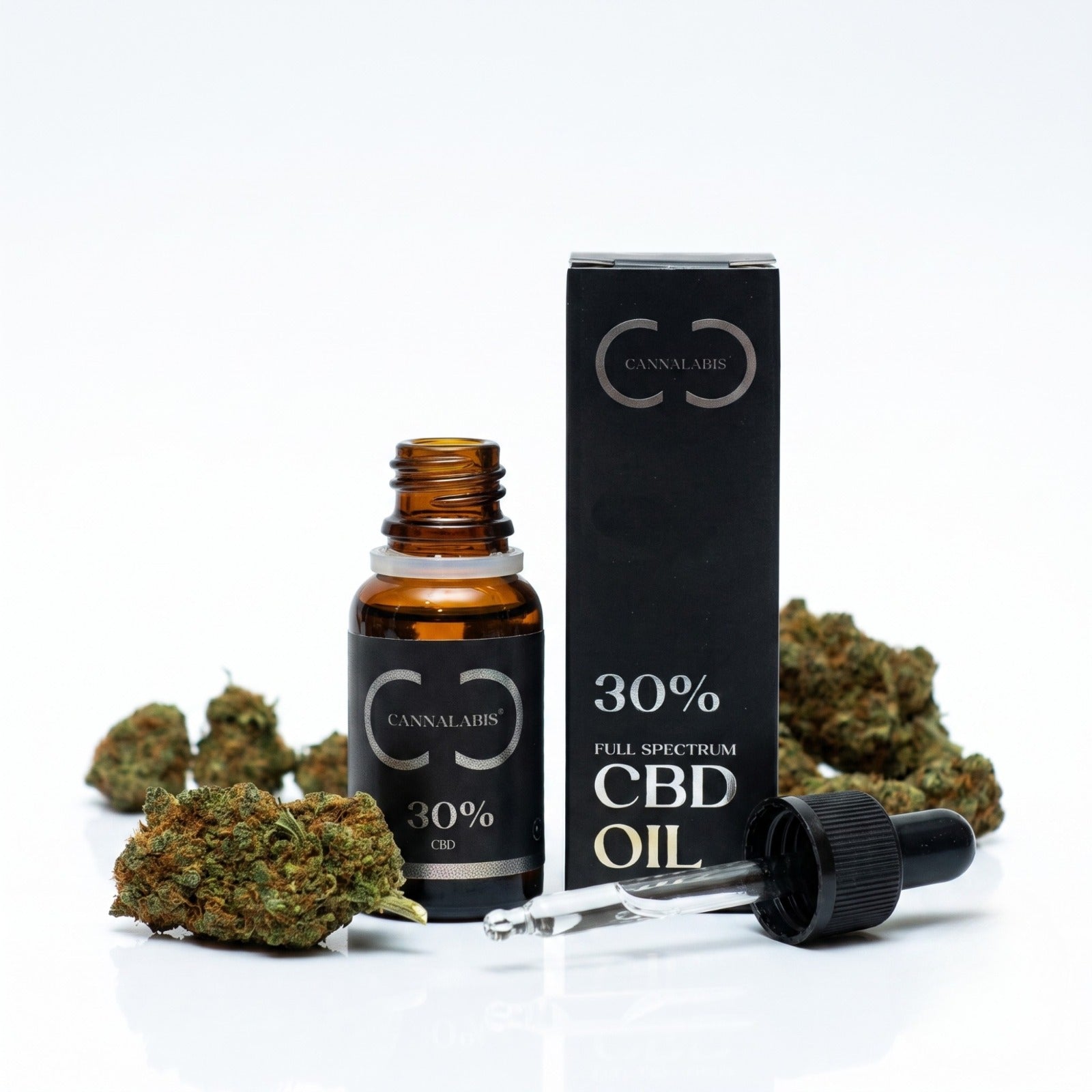 Fotografia de estúdio do Pack Pós-Treino com fundo branco e superfície reflexiva. No centro, destaca-se um frasco de vidro âmbar de óleo de CBD de 30% aberto, com rótulo preto onde se lê 'CANNALABIS 30% CBD'. Ao seu lado, está a embalagem de cartão preta vertical com a inscrição '30% FULL SPECTRUM CBD OIL'. Um conta-gotas de vidro transparente com líquido está deitado na frente. Vários buds e flores secas de cânhamo em tons verde-claro com pistilos alaranjados espalhados simetricamente na imagem