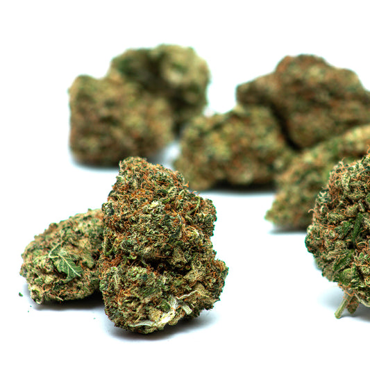 Flores de CBD Sour Diesel com buds densos e resinados, tricomas brilhantes e cores verde-claro com pistilos alaranjados