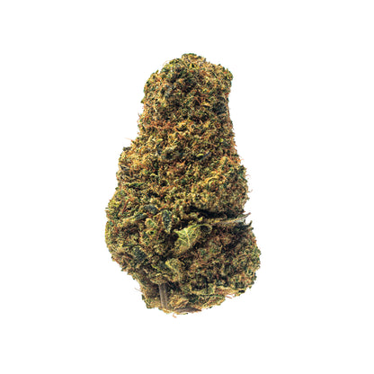 Flores de CBD LA Confidential com buds compactos, muito resinados, tricomas brilhantes e cor verde-escuro intenso