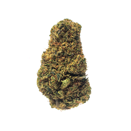 Flores de CBD LA Confidential com buds compactos, muito resinados, tricomas brilhantes e cor verde-escuro intenso