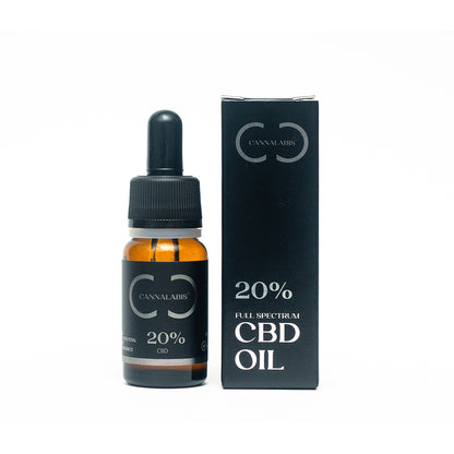 Frasco de óleo de CBD 20% Full Spectrum com conta-gotas e rótulo detalhado, aparência transparente e âmbar