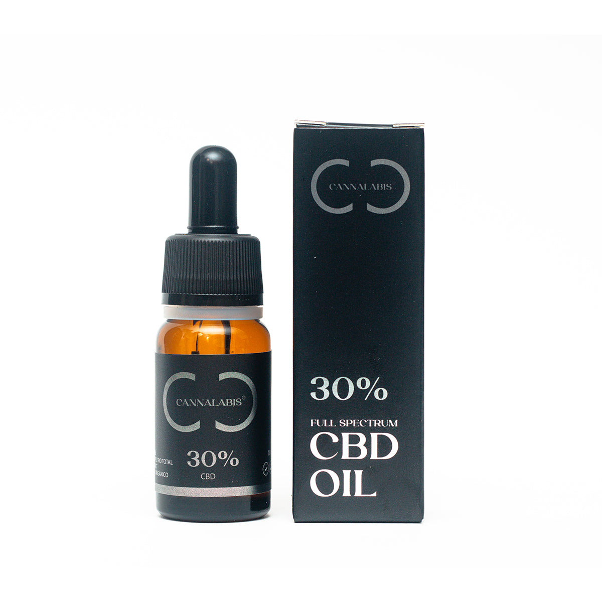 Frasco de óleo de CBD 30% Full Spectrum com conta-gotas e rótulo detalhado, aparência transparente e âmbar