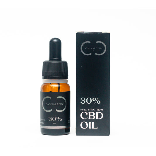 Frasco de óleo de CBD 30% Full Spectrum com conta-gotas e rótulo detalhado, aparência transparente e âmbar